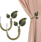 Leaf Shaped Curtain Tieback Holdbacks 2pcs, Handmade Metal Curtain Side Holders for Wall, Curtain Hook Pull Backs for Drapes Window Decoration (Antique Brass)
