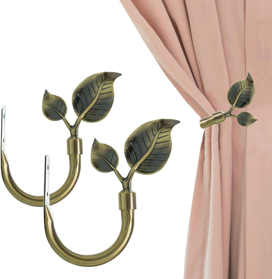 Leaf Shaped Curtain Tieback Holdbacks 2pcs, Handmade Metal Curtain Side Holders for Wall, Curtain Hook Pull Backs for Drapes Window Decoration (Antique Brass)