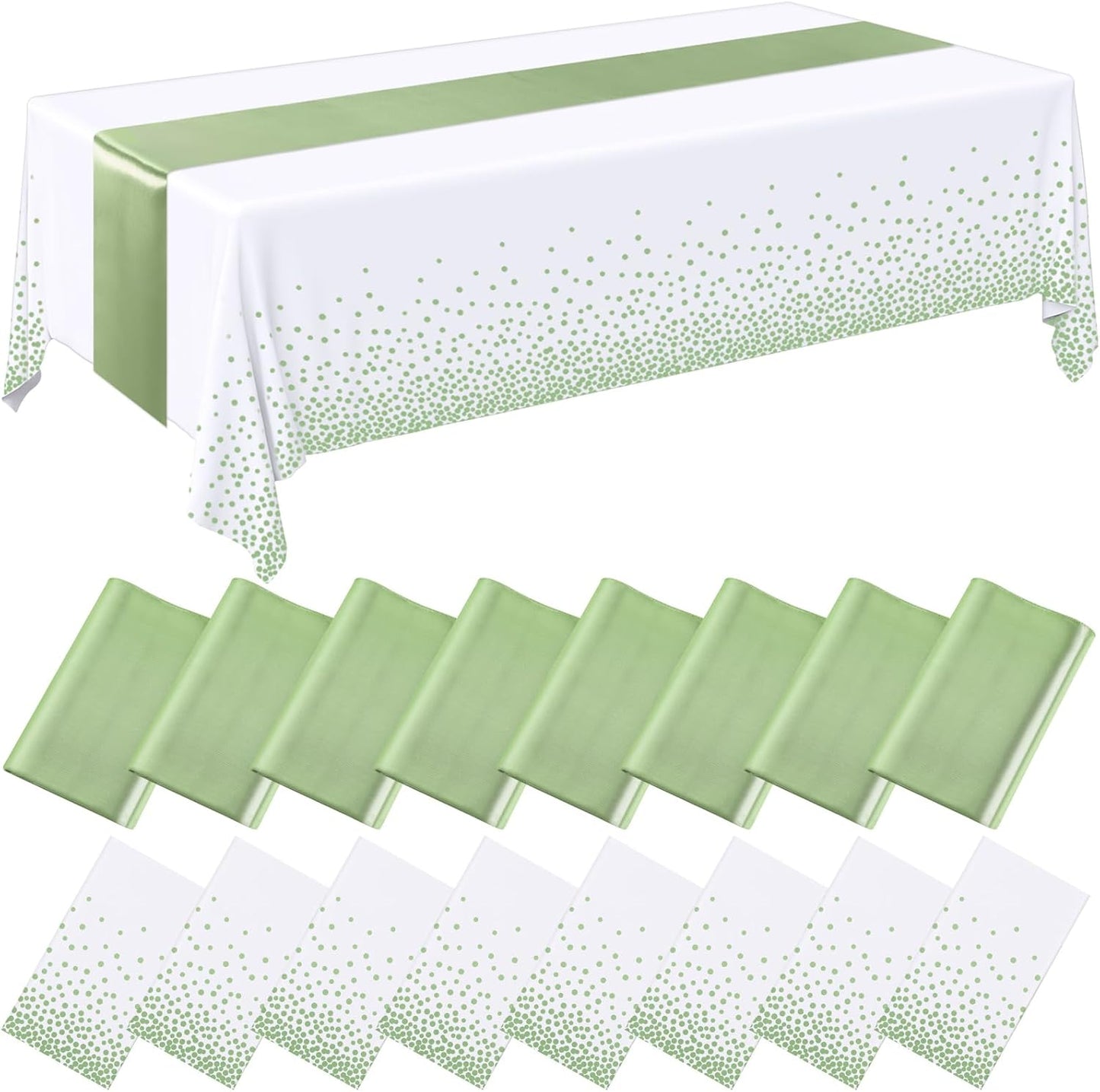 16 Pcs White and Sage Green Disposable Plastic Tablecloths and Satin Table Runner Set 54x108 Inch Tablecloth 12x108 Inch Table Runners for New Year Wedding Birthday Baby Shower Graduation
