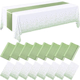 16 Pcs White and Sage Green Disposable Plastic Tablecloths and Satin Table Runner Set 54x108 Inch Tablecloth 12x108 Inch Table Runners for New Year Wedding Birthday Baby Shower Graduation