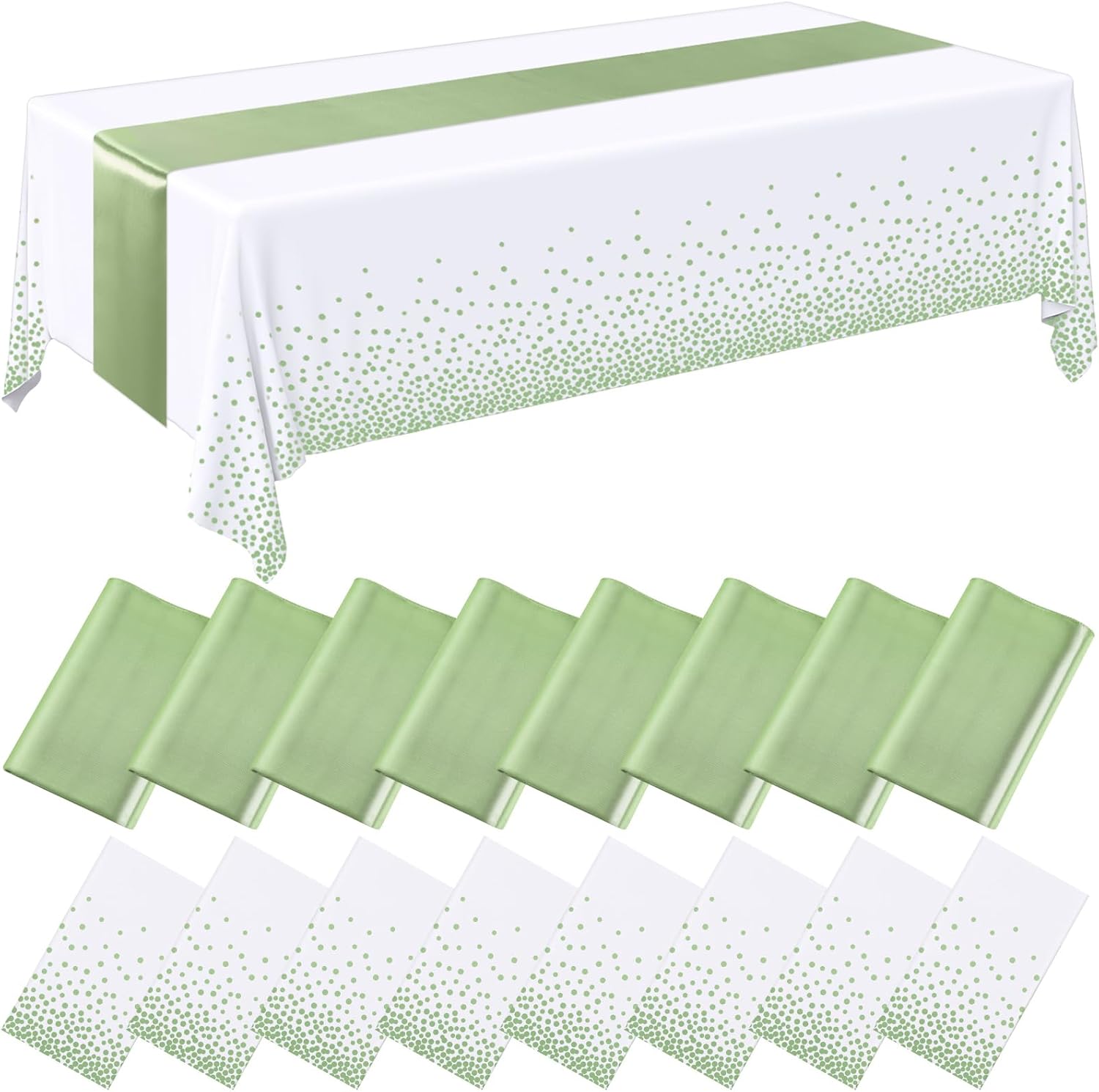 16 Pcs White and Sage Green Disposable Plastic Tablecloths and Satin Table Runner Set 54x108 Inch Tablecloth 12x108 Inch Table Runners for New Year Wedding Birthday Baby Shower Graduation