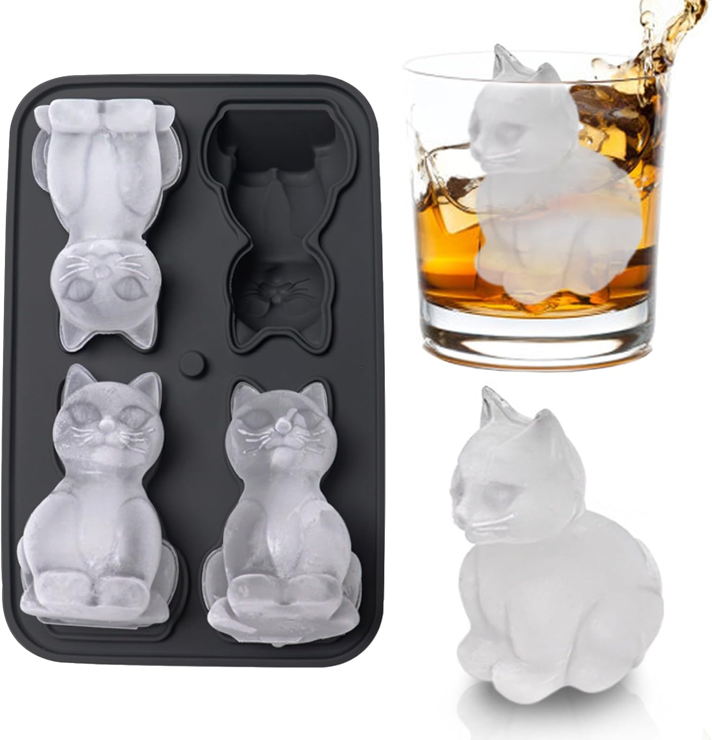 3D Cat Ice Cube Mold,  Ice Cube Tray with Funnel with Funnel for Cocktails, Bourbon,Brandy, Whiskey Gifts for Men, Silicone Fun Shapes Black Cute (CAT)