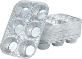 Six-cup aluminum muffin pan with fluted edges.