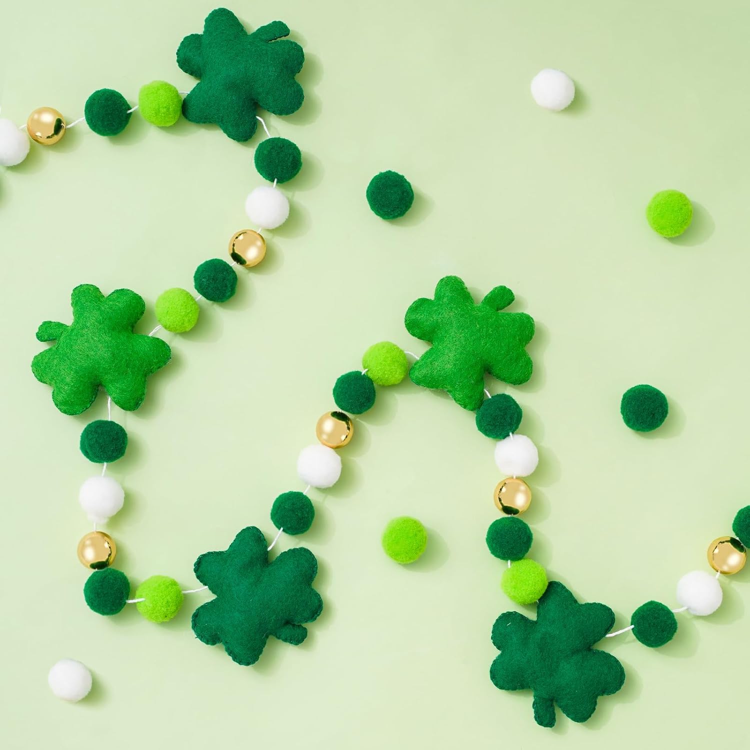 8.2 Ft St. Patrick's Day Felt Banner 3D Lucky Shamrock Clover with Gold Bead Hanging Garland Green White Pom Ball Banner for Irish Holiday Home Wall Fireplace Decor