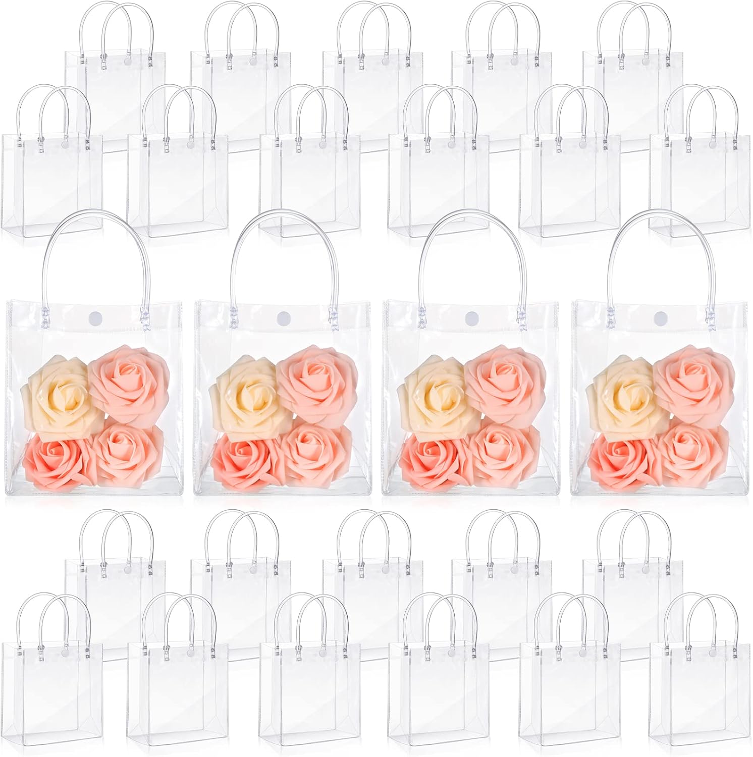 50pcs Clear Plastic Gift Bags with Handles PVC Reusable Transparent Totes Bags for Goodie Candy School Birthday Party(5.9 x 6.3 x 2.8 Inch)