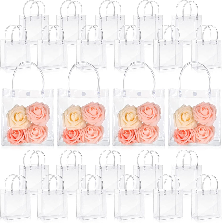 50pcs Clear Plastic Gift Bags with Handles PVC Reusable Transparent Totes Bags for Goodie Candy School Birthday Party(5.9 x 6.3 x 2.8 Inch)