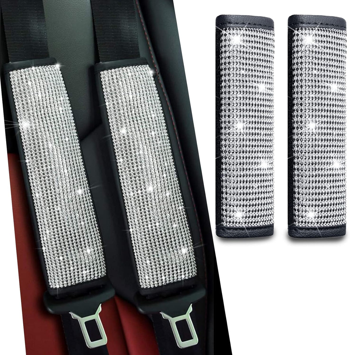 2-Pack Bling Seat Belt Covers,Bling Seat Belt Covers for Womens,Car Seat Belt Strap Cover Shoulder Pad,Universal Car Interior Accessories Fit for Car/Truck/SUV(Silver,2PC)