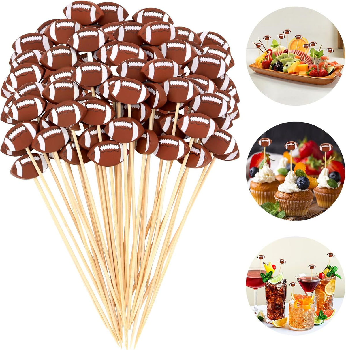 100 Pcs Football Toothpicks, 4.72 Inch Football Cocktail Picks for Appetizers, Long Bamboo Toothpicks, Decorative Toothpicks Skewers for Holiday Birthday Party Decorations (Football)