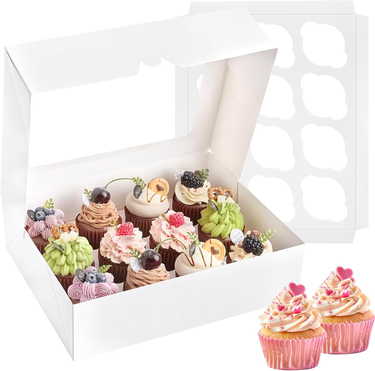 12 Count Cupcake Boxes, 12 Pack White Cupcake Containers with Windows and Inserts, Disposable Cupcake Carriers for Muffins, Treats, Pastries, 13 x 10 x 4 Inches