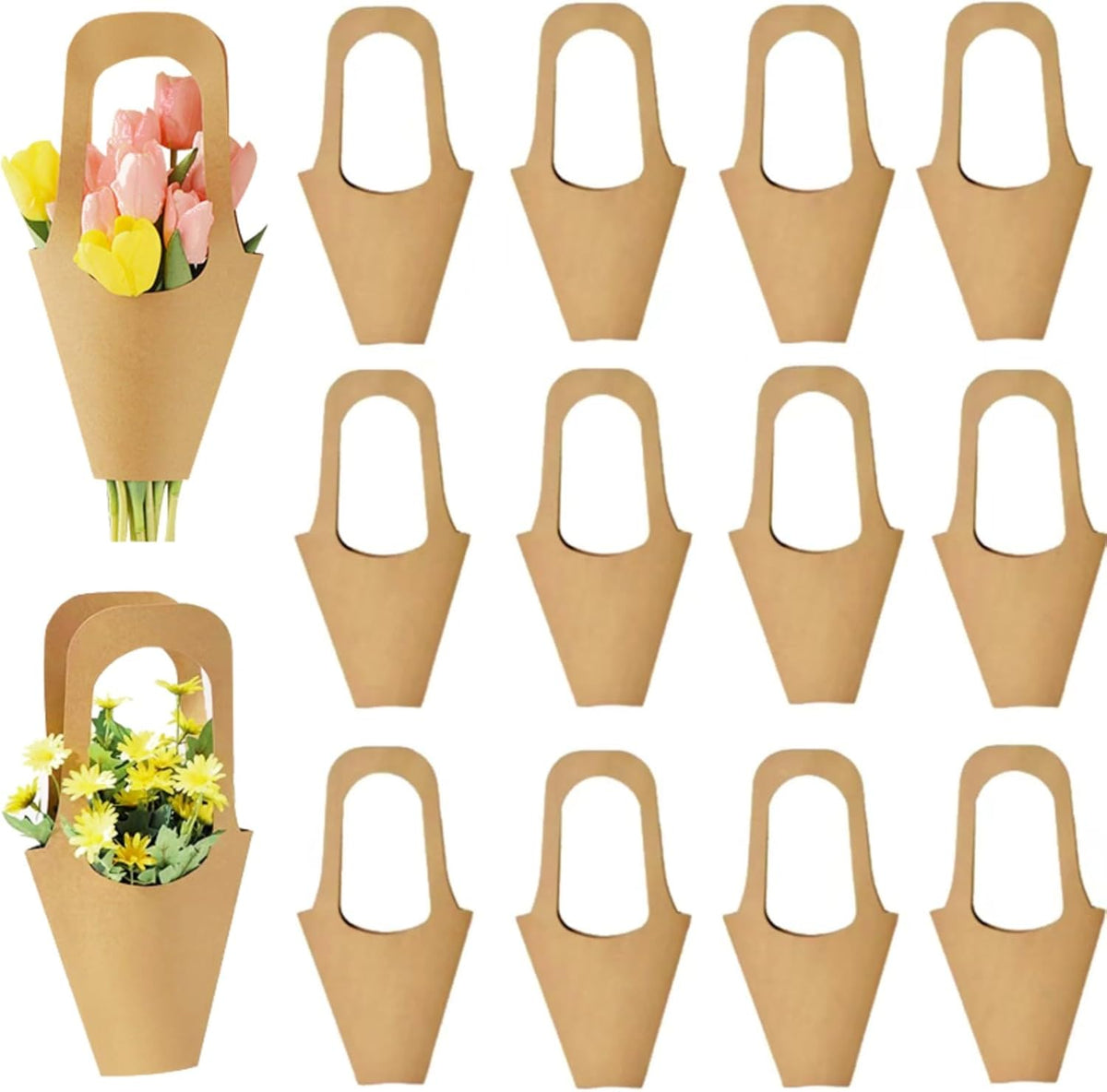 30 Pcs Kraft Paper Flower Wrapping Paper Gift Bags with Handle - Bouquet Gift Bags for Thanksgiving, Birthday, Wedding & Party Favors