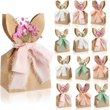 24 Set Boho Bow Easter Bunny Party Favor Bags DIY Bunny Gift Boxes with Neutral Bow Ribbon and Dried Flowers Rustic Paper Rabbit Ears Treat Bags Bulk for Easter Spring (Neutral Pastel)