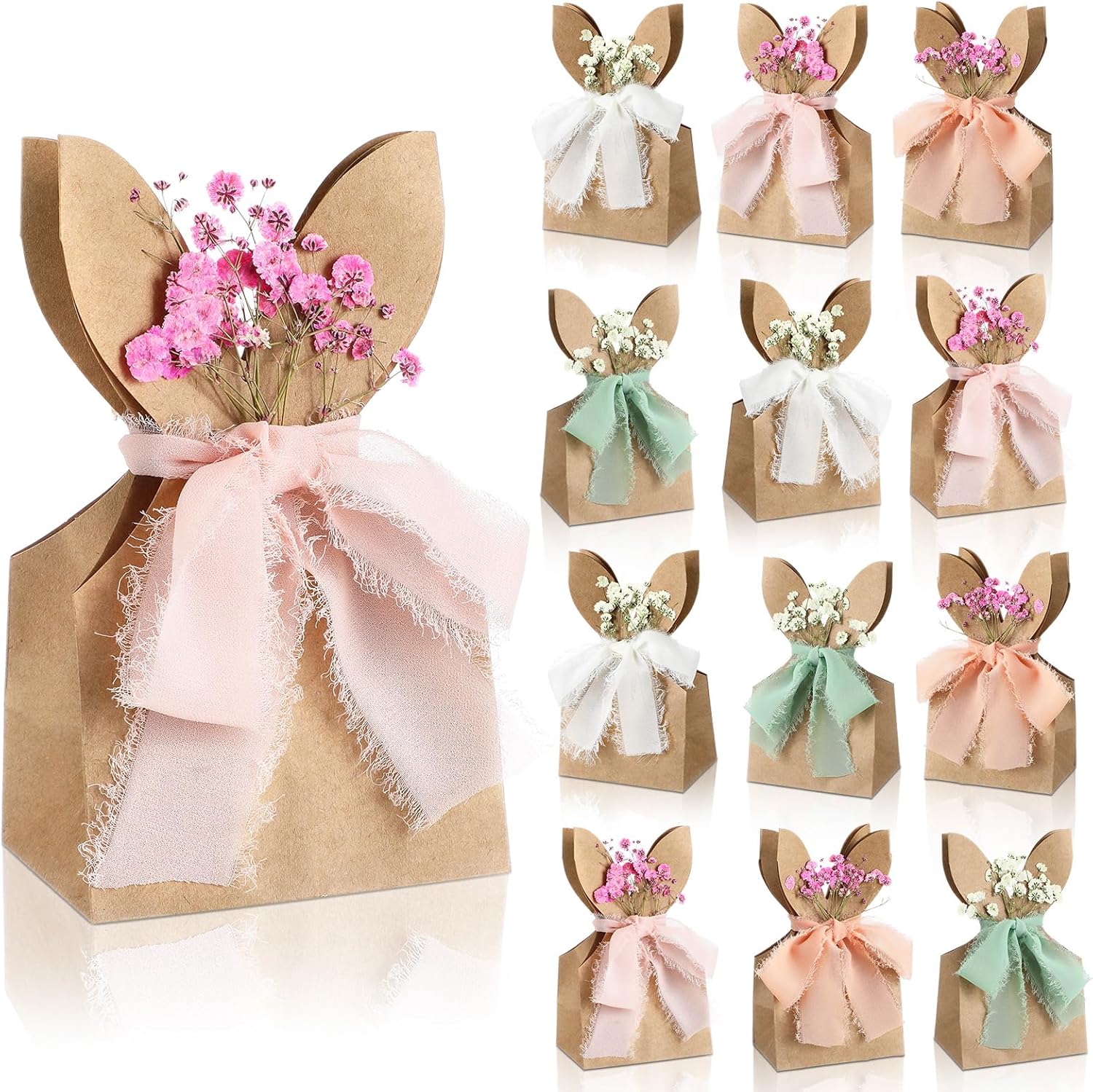 24 Set Boho Bow Easter Bunny Party Favor Bags DIY Bunny Gift Boxes with Neutral Bow Ribbon and Dried Flowers Rustic Paper Rabbit Ears Treat Bags Bulk for Easter Spring (Neutral Pastel)
