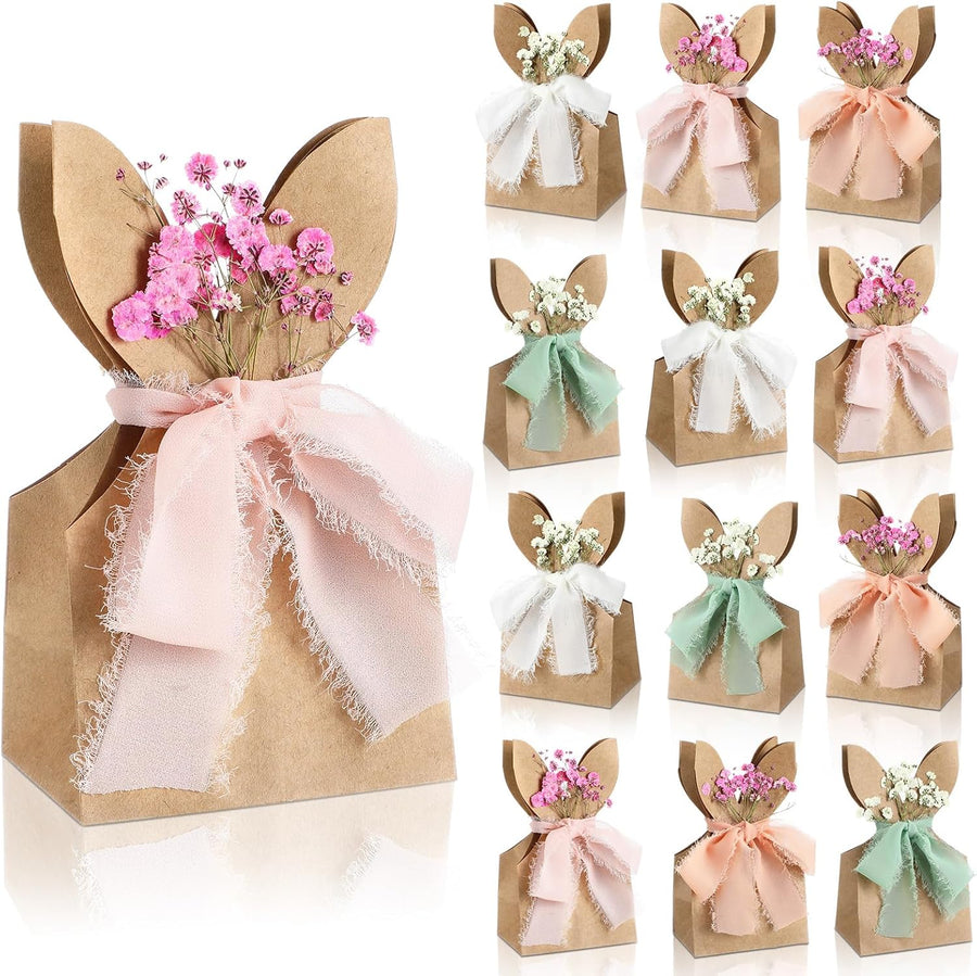 24 Set Boho Bow Easter Bunny Party Favor Bags DIY Bunny Gift Boxes with Neutral Bow Ribbon and Dried Flowers Rustic Paper Rabbit Ears Treat Bags Bulk for Easter Spring (Neutral Pastel)