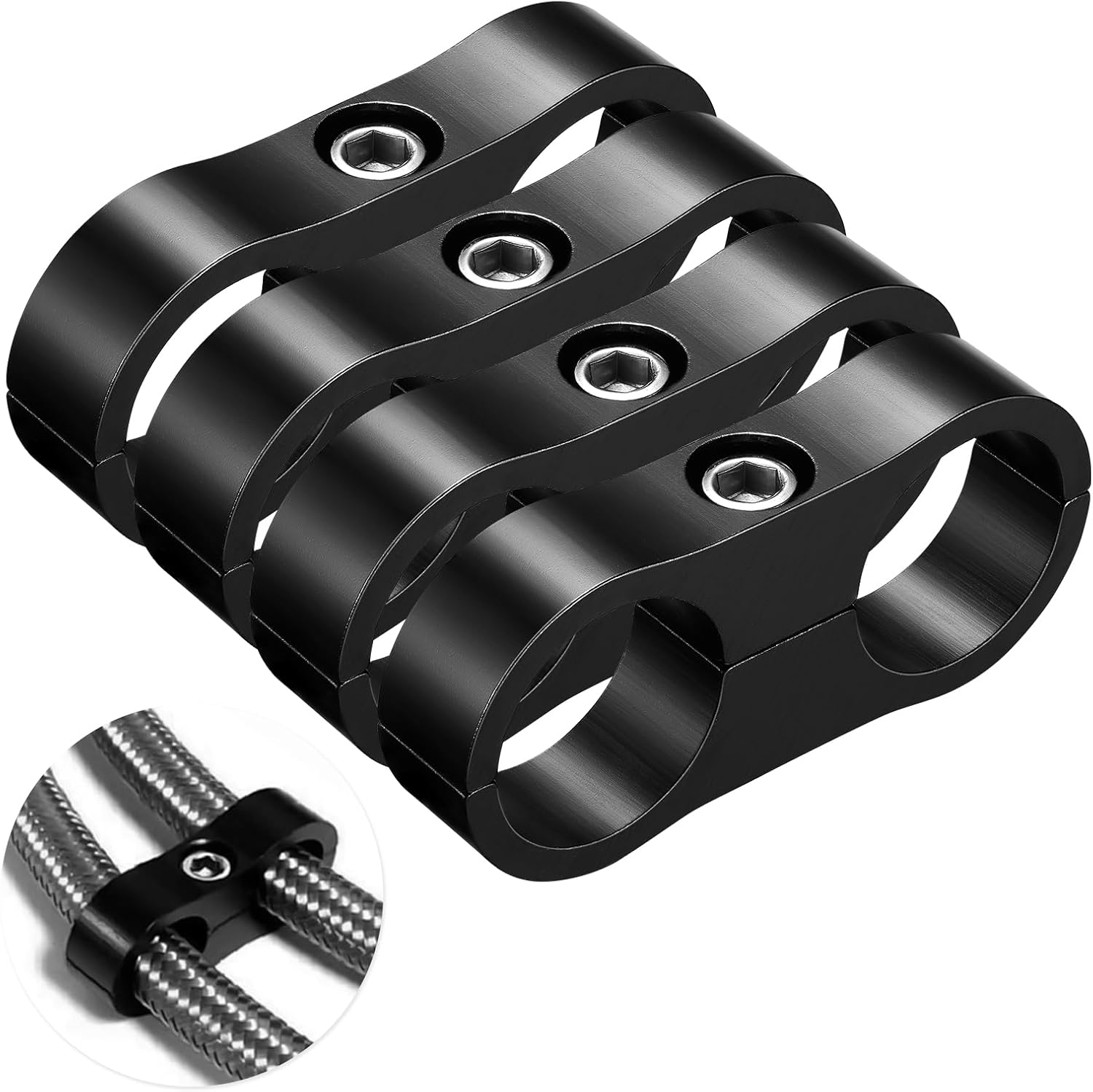 Black aluminum -12AN hose separator clamp for fuel, brake, oil, water, and gas lines.