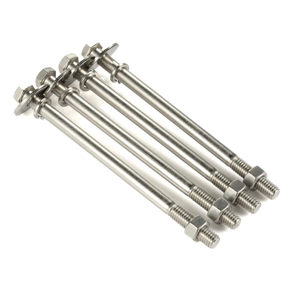 3/8-16 x 7 Hex Head Bolts with Hex Nuts and Thick Flat & Lock Washers, Partially Threaded, Stainless Steel 18-8, Plain Finish, 4 Sets