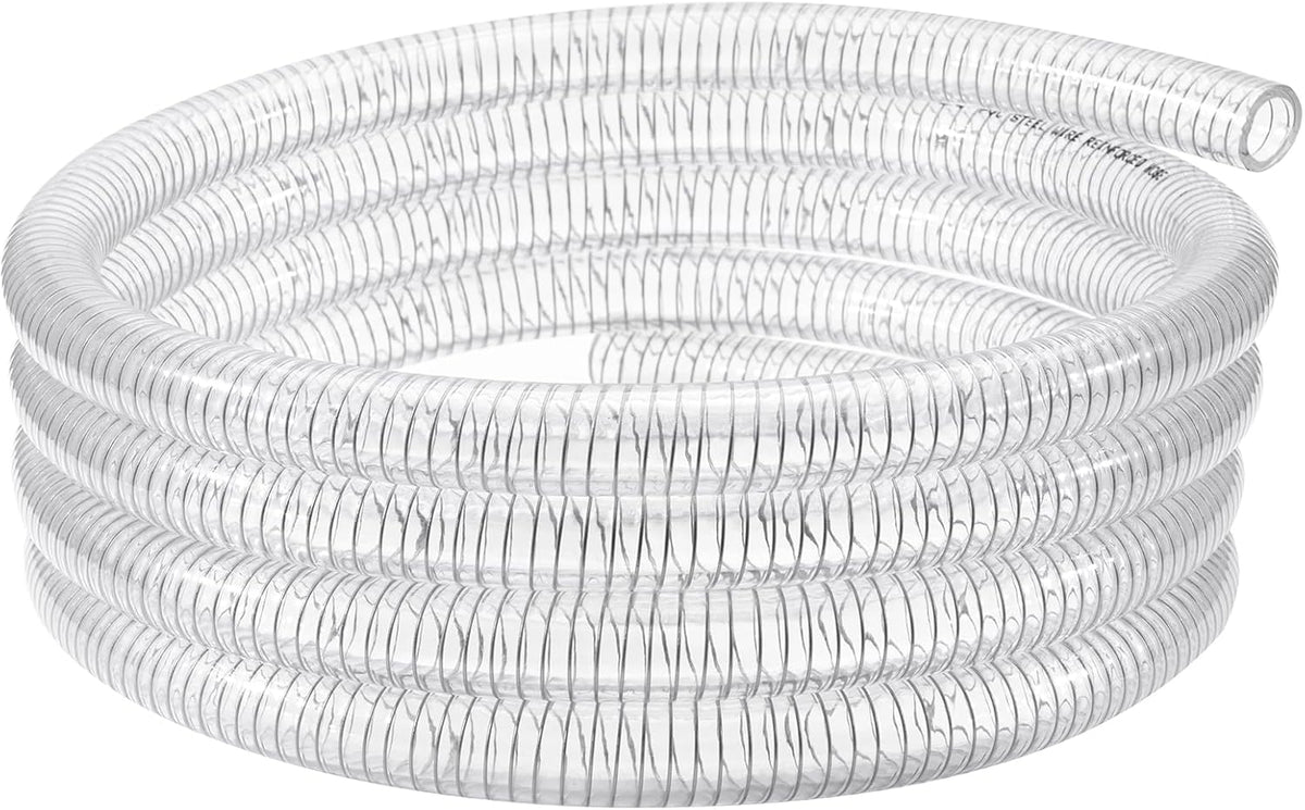 Wire Reinforced Hose 1" id - 10ft Clear High Pressure Suction Line Plastic Vinyl Tubing with Spiral Steel Wire, Drain Water Fuel Powder
