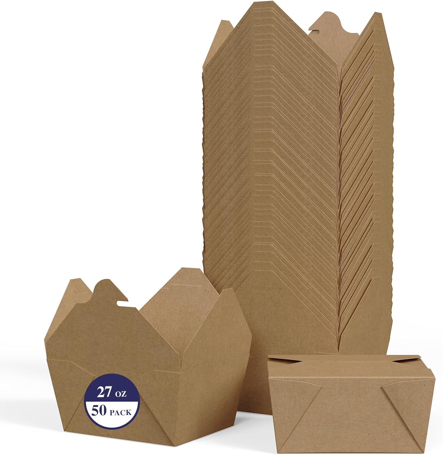 50 Pack 27 oz Take Out Food Containers, Kraft Brown Take Out Boxes Leak Grease Resistant and Stackable for Restaurants, Homes, Offices, Picnics