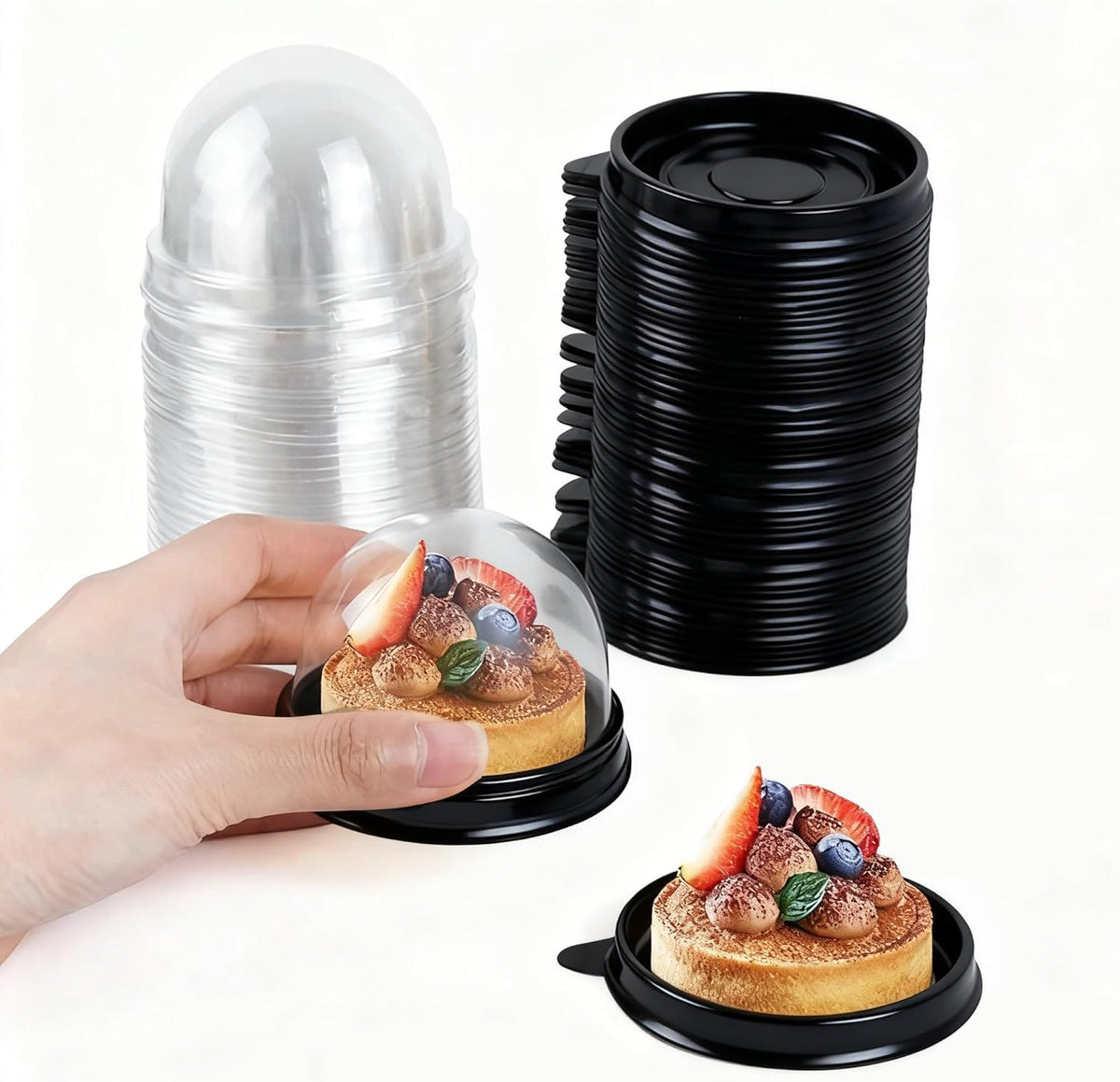50Pcs Clear Plastic Mini Cake Box with Dome Lids, Mini Muffin Container Box Mooncake Dome Box Pastry Baking Packaging Boxes Wedding Birthday Gifts Supplies (Black Base)