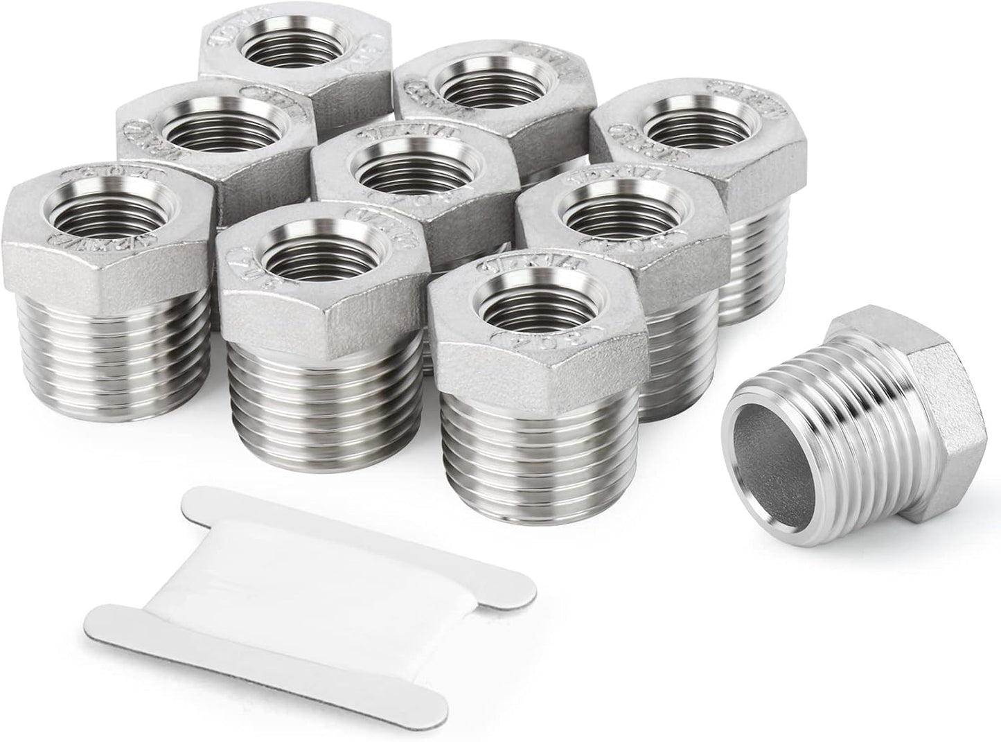 10PCS 304 Stainless Steel Reducer Hex Bushing, 3/8" NPT Male x 1/4" NPT Female, Reducing Pipe Adapter Fitting