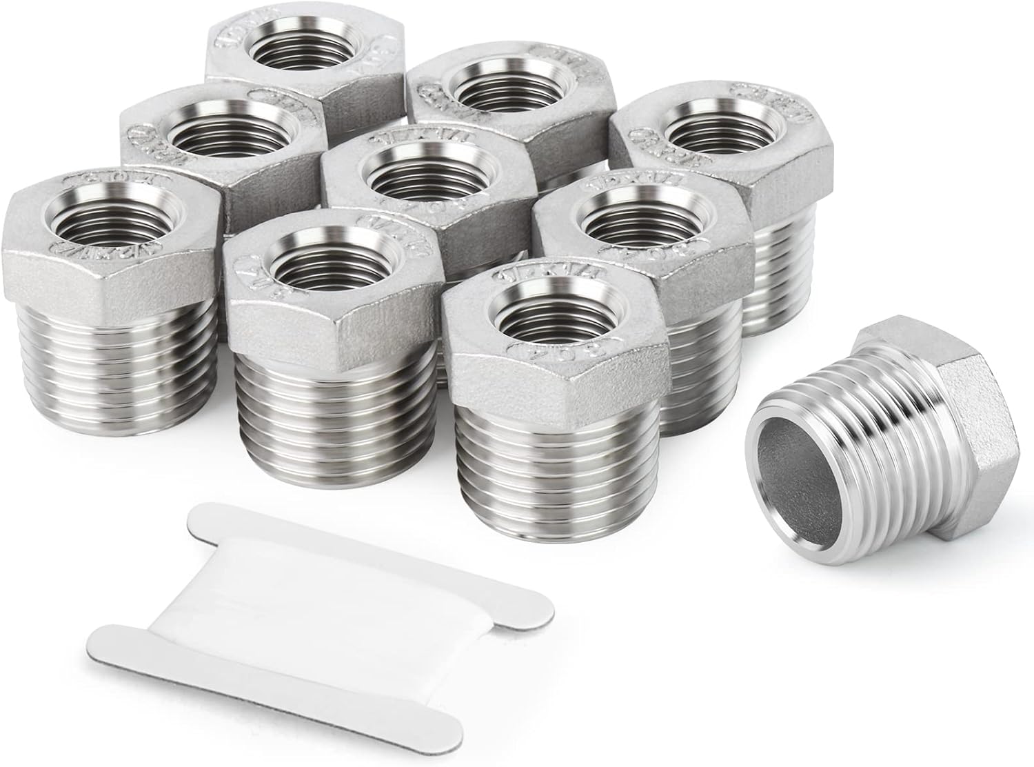 10PCS 304 Stainless Steel Reducer Hex Bushing, 3/8" NPT Male x 1/4" NPT Female, Reducing Pipe Adapter Fitting