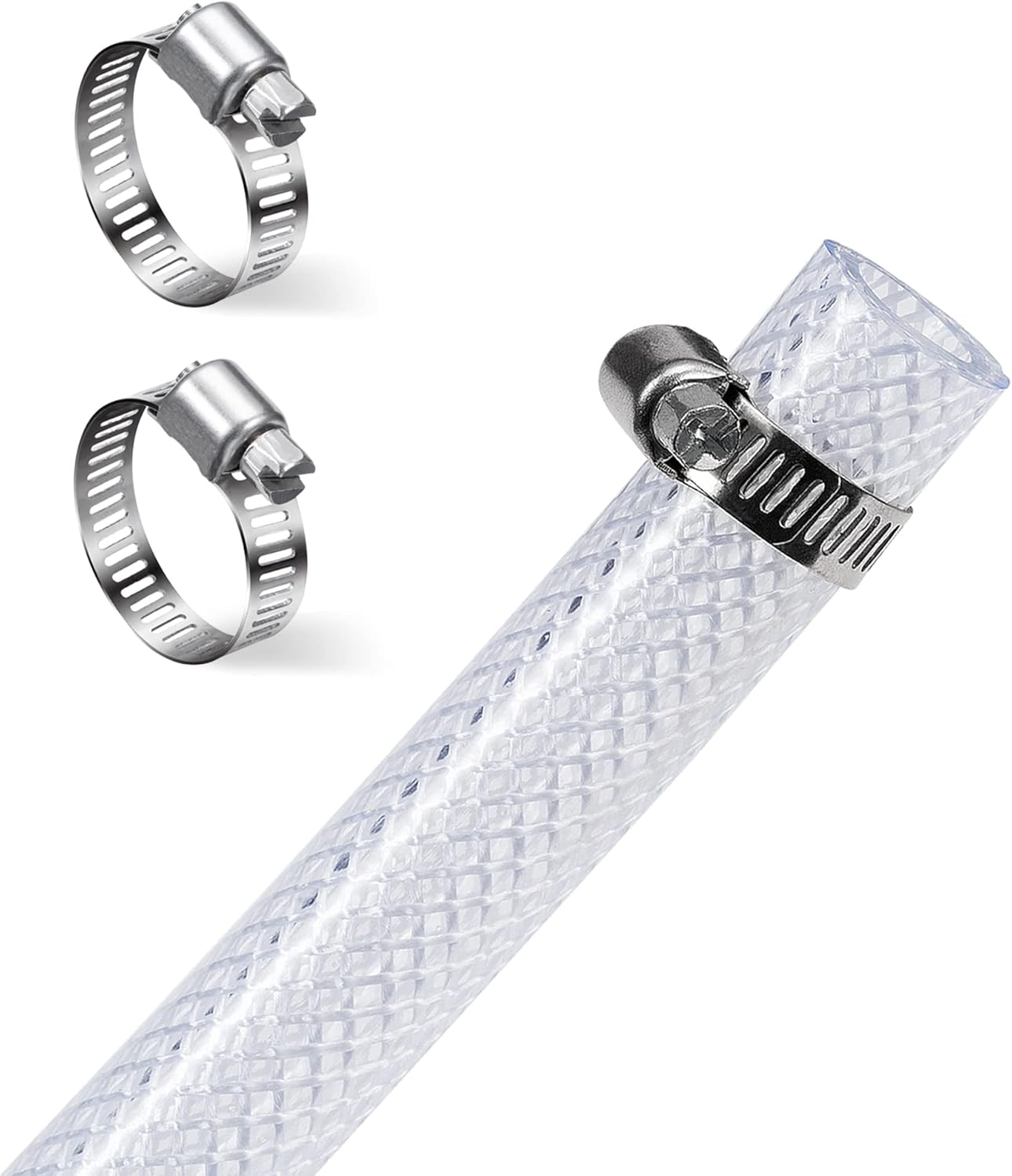1/2" ID - 50 ft Heavy Duty Braided Clear Plastic Vinyl Tubing, Flexible High Pressure Reinforced PVC Plastic Tube Hose, Non-toxic, BPA Free, with 2 Stainless Clamps