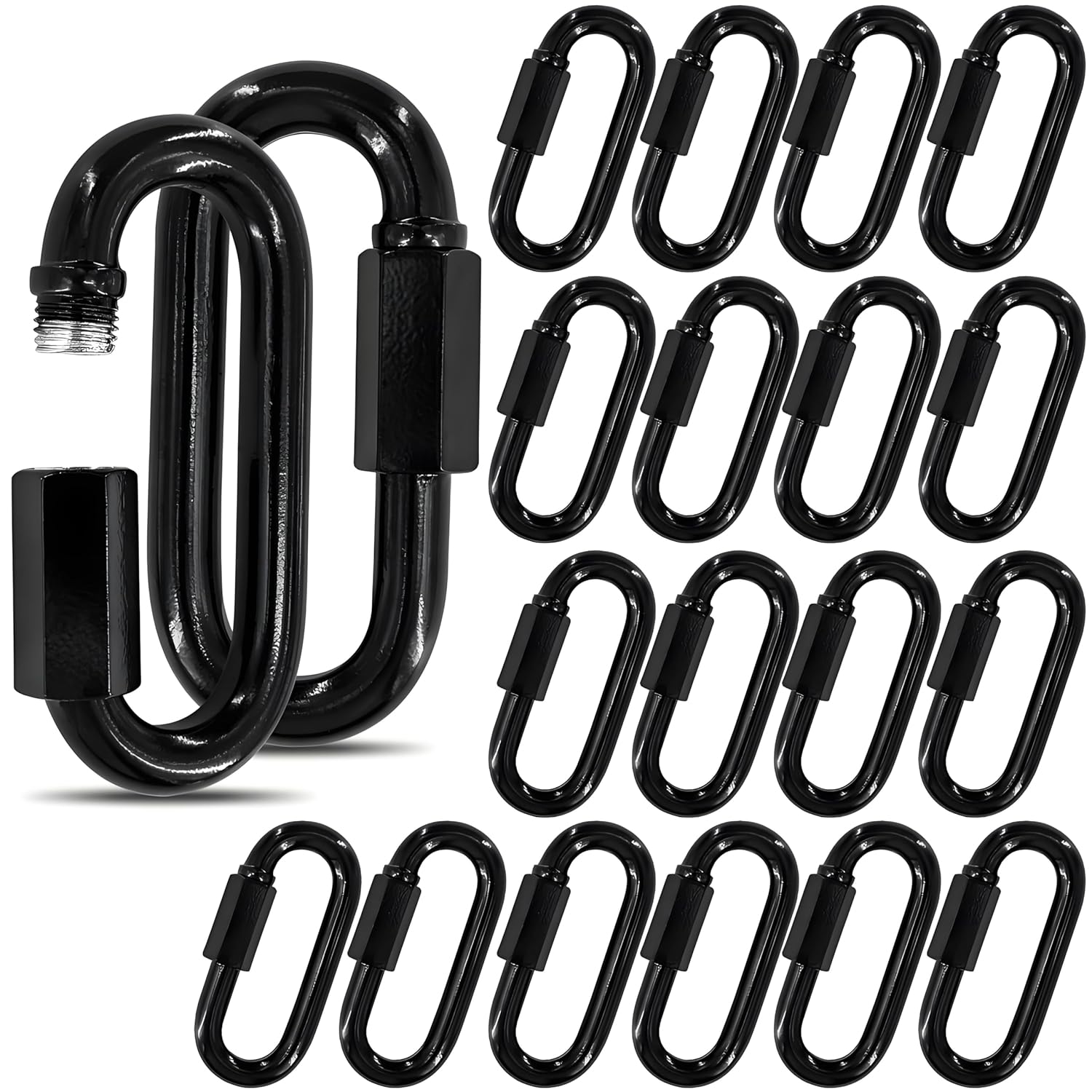 3.5" Black Chain Quick Link, 20 Pcs 3/8" Heavy Duty Locking Carabiner, 2000 LBS Capacity, Durable Chain Connector for Hanging Keys, Dog Leash, and Fence Gates
