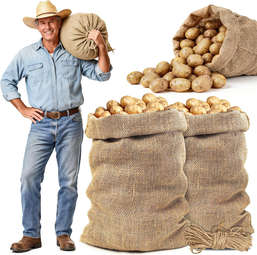 2 PCS Burlap Sack - 19.6" x 35" Burlap Bags for Plants High Density Natural Jute Bag of Potatoe Storage Plant Grow Bags with Rope Potato Sacks Race Bag Halloween,Christmas Decorations