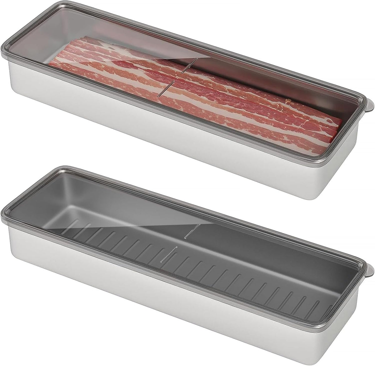 Bacon Container for Refrigerator, 1 Pack 304 Stainless Steel Airtight Deli Meat Storage Container for Fridge Dishwasher Safe Long Kitchen Food Storage Containers with Lids with Elevated Base