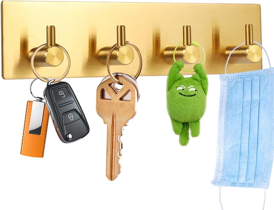 Key Holder for Christmas Wall Decorative, Adhesive Stainless Steel Key Hooks, Key Hanger Key Organizer Towel Hook Coat Hanger for Entryway Hallway Kitchen (Four Rows, Golden 1 PC)