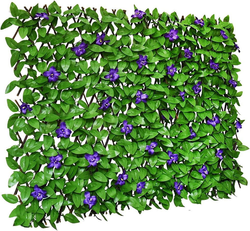 Expandable Fence Privacy Screen for Balcony Patio Outdoor,Decorative Faux Ivy Fencing Panel,Artificial Hedges (Single Sided Leaves) (1, Purple Flowers)
