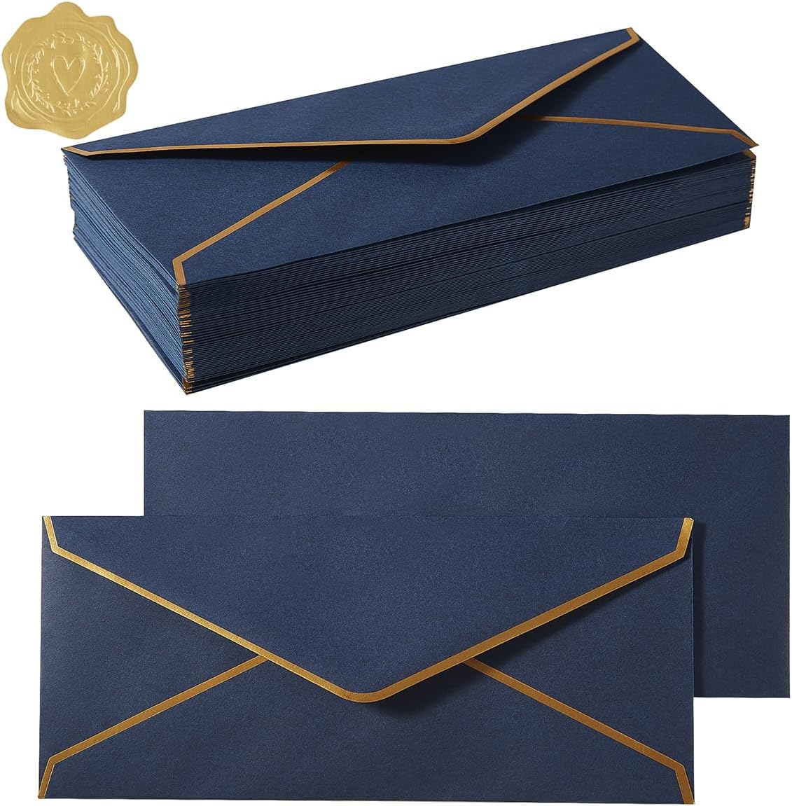 100 Pack #10 Business Envelopes with Gold Border, Self Seal Standard Envelopes with Gold Stickers for Office, Checks, Letter Mailing, Invoices, 4 1/8 x 9 1/2 Inches (Navy Blue)