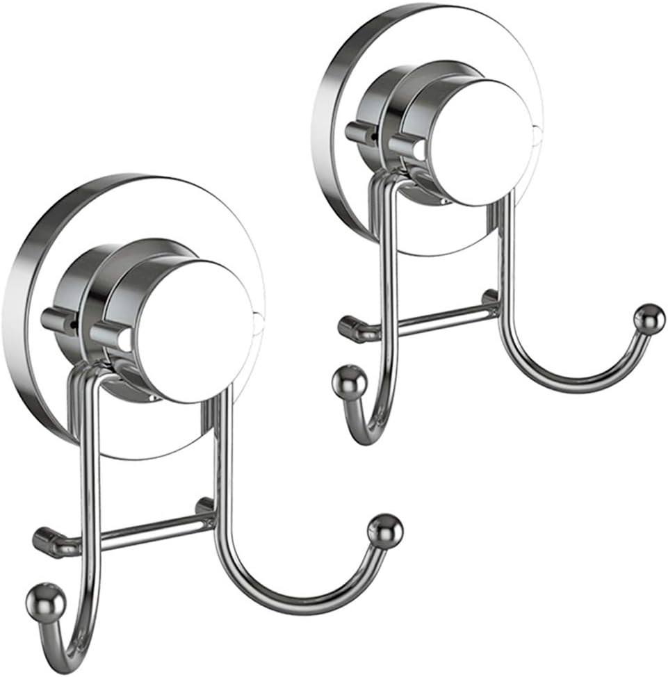 Suction Cup Hooks for Shower, Bathroom, Kitchen, Glass Door, Mirror, Tile – Loofah, Towel, Coat, Bath Robe Hook Holder for Hanging up to 15 lbs – Rustproof Chrome Stainless Steel (2-Pack)
