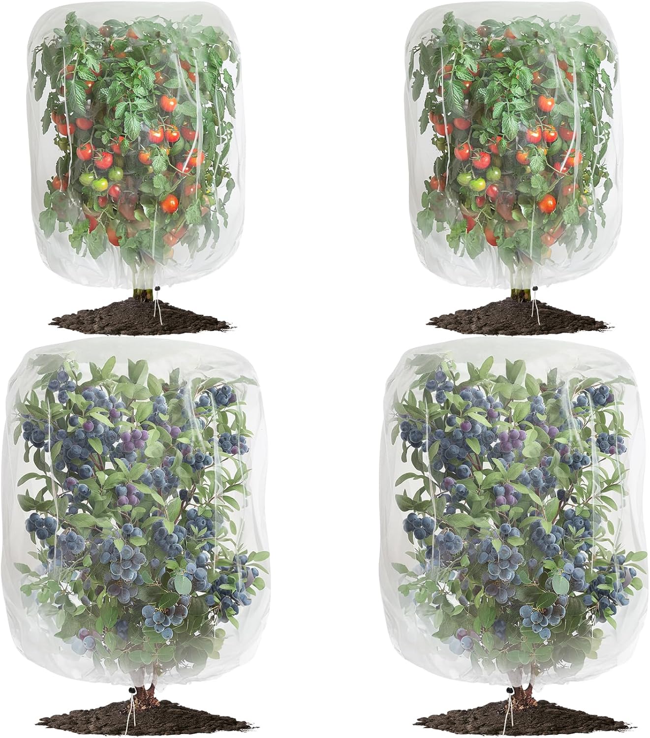 4 Pack Garden Mesh Netting for Plants 2.6x3.3ft - 3.3x4.9ft Insect Bird Netting Pest Barrier Bag with Drawstring 2 Size Fruits Tree Blueberry Bush Netting Cover Bag Protection for Vegetables Tomato
