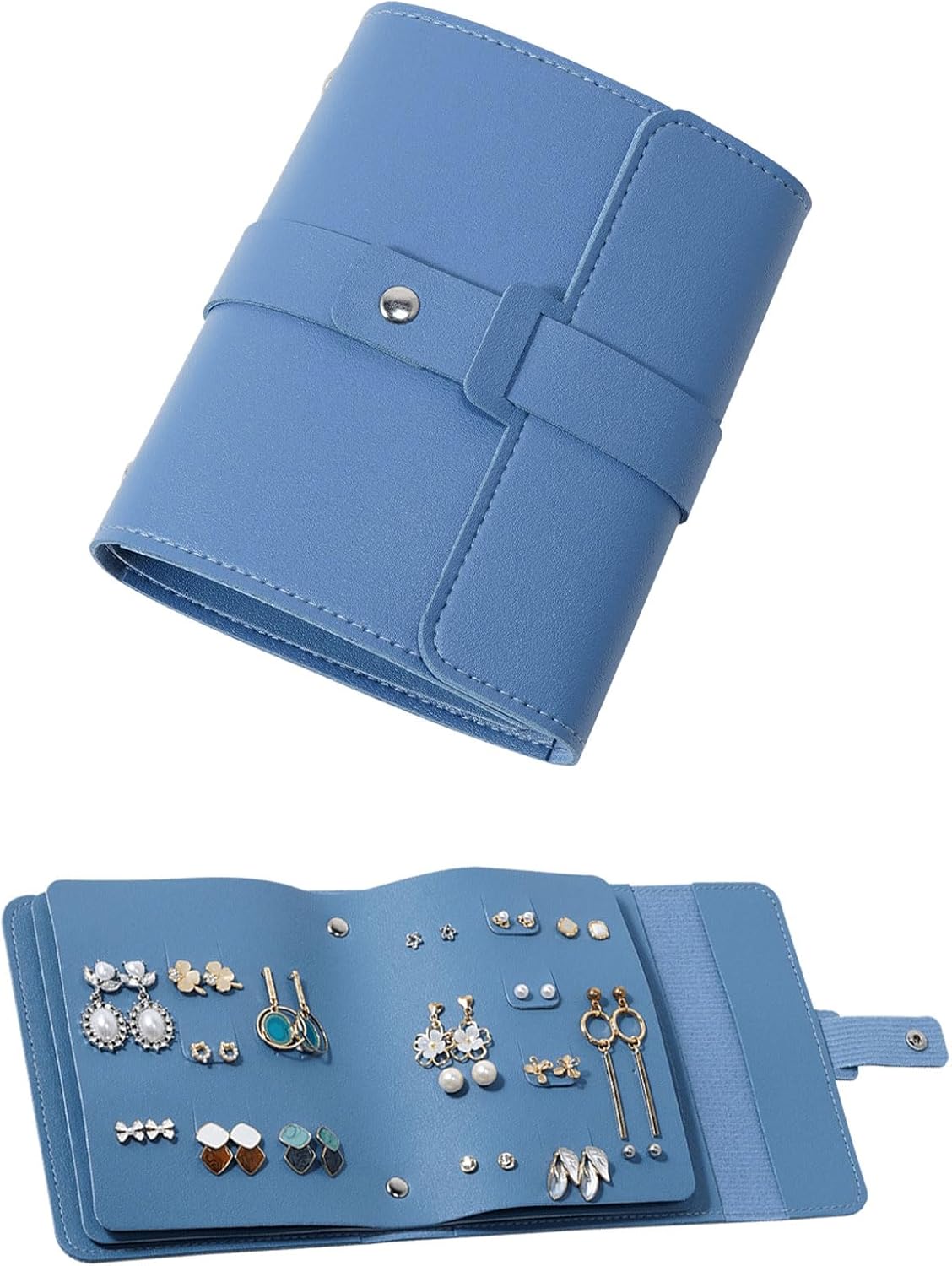Earring Holder Organizer with Foldable Book Design Jewelry Book Organizer, Portable Pu Leather Travel Earring Case(Blue)