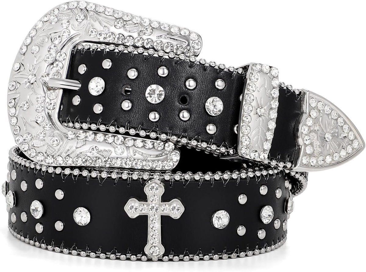Rhinestone Belt for Men Women, Western Cowboy Cowgirl Belts Bling Leather Belt With Cross and Diamond for Jeans