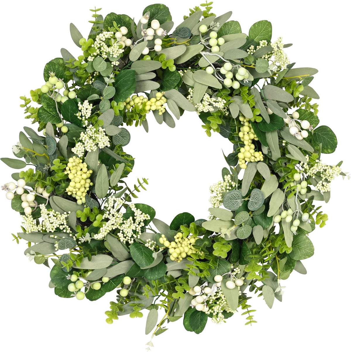 24-26 Inch Artificial Spring Summer Greenery Christmas Wreaths for Front Door Green Eucalyptus Leaf Wreath Decor Boxwood with Big Berries for Farmhouse Outside Year Round
