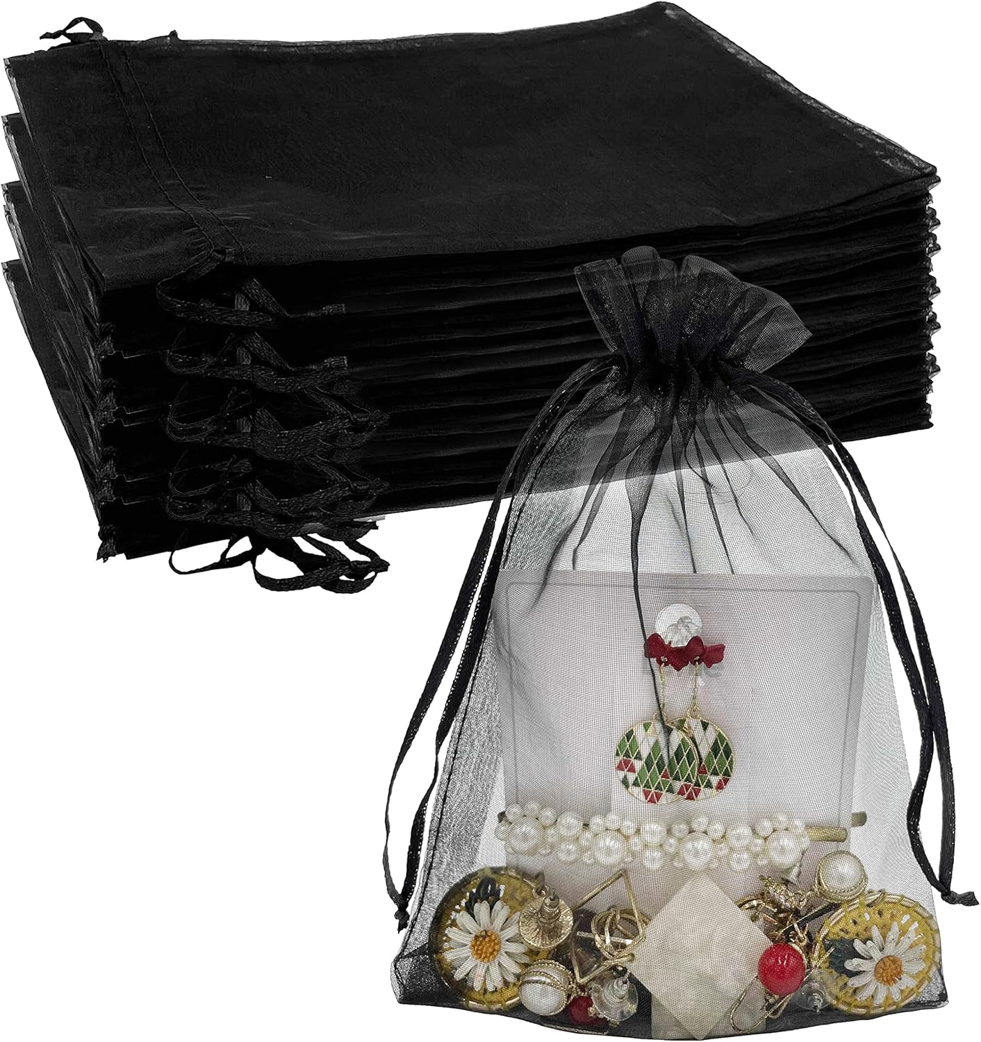 100PCS Sheer Organza Bag 5''X7'' Black Mesh Bags Drawstring Gift Bag Small for Jewelry Goodie Candy Wedding Party Favor Pouch Bags (Black)