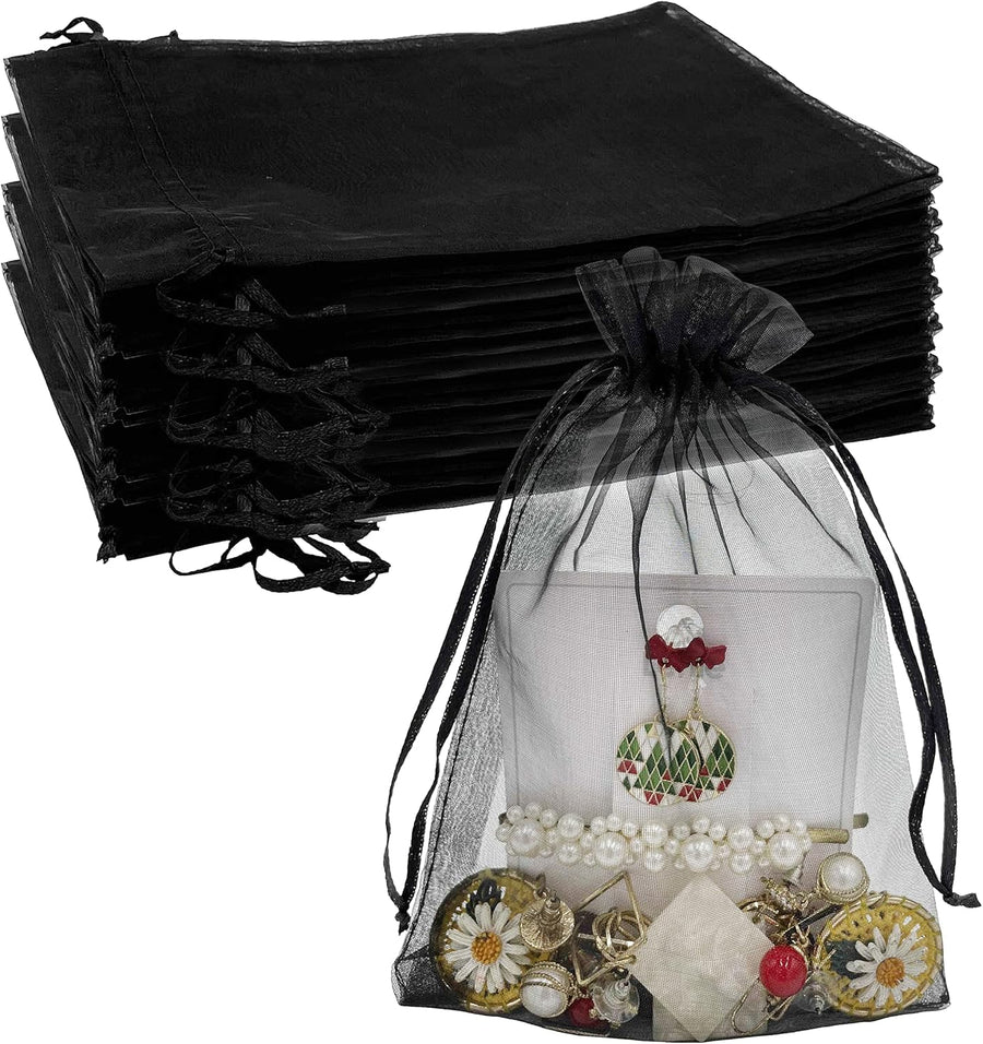 100PCS Sheer Organza Bag 5''X7'' Black Mesh Bags Drawstring Gift Bag Small for Jewelry Goodie Candy Wedding Party Favor Pouch Bags (Black)