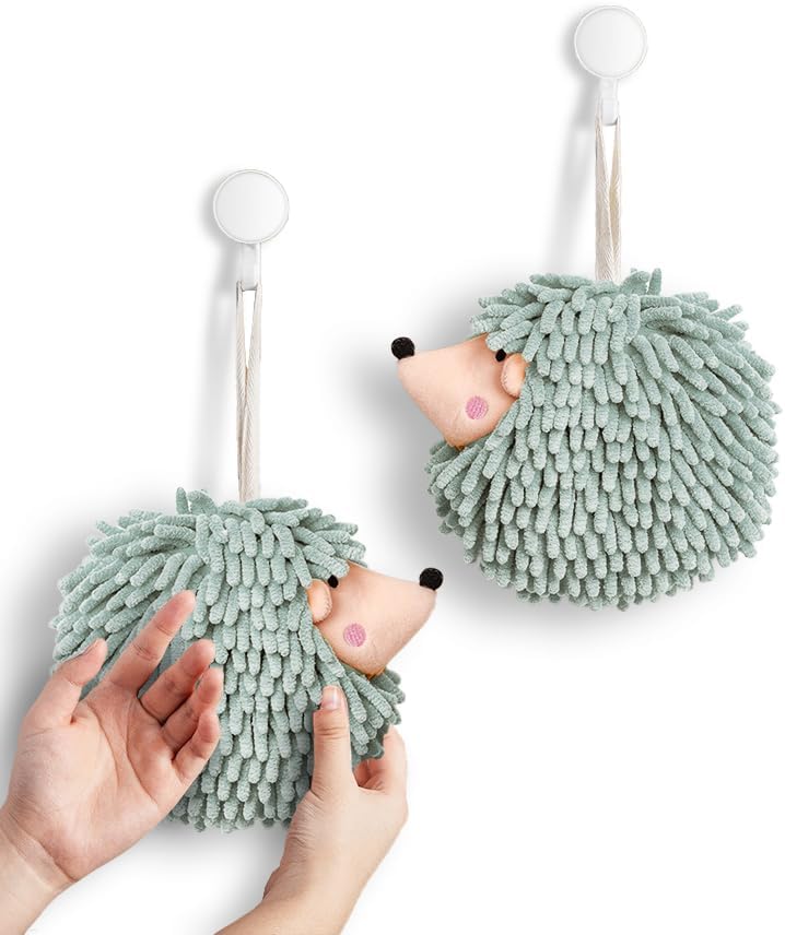 Fuzzy Ball Hand Towels (Set of 2) - Dry Your Hands conveniently with This Creative Hand Towel Hedgehog Decorative Towels for Bathroom (Pack of 2, Mint)
