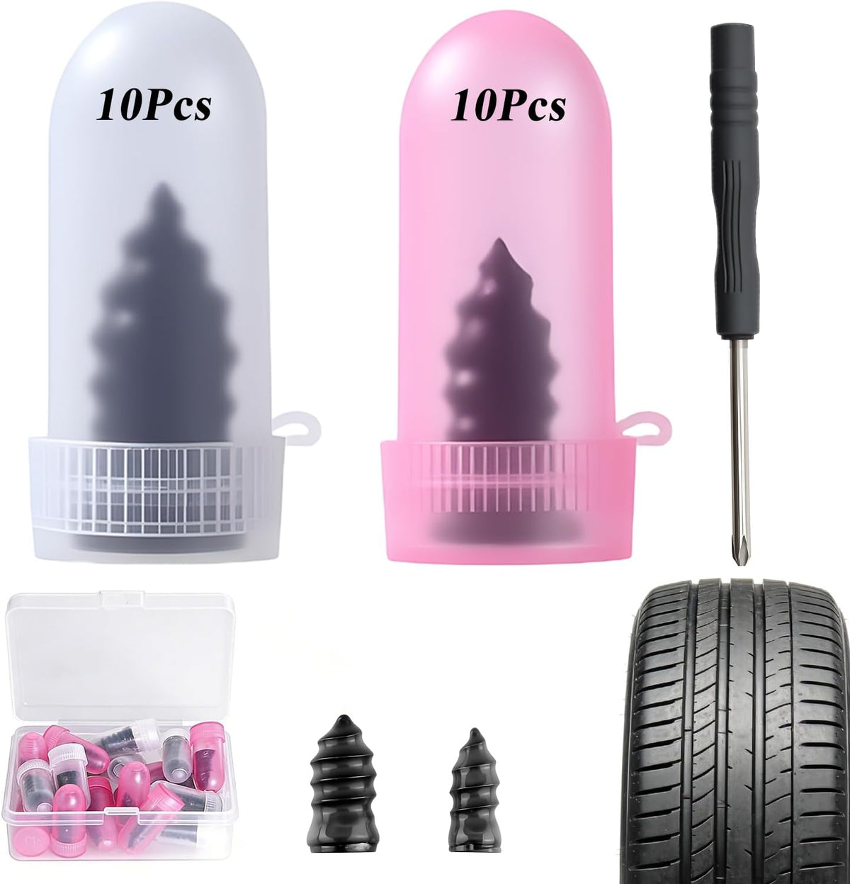 Tire Repair Rubber Nail Kit, Premium Spiral Screw-in Tire Plugs with 2 Sizes, Emergency Roadside Flat Tire Fix Tool for Car Truck Motorcycle Tractor ATV SUV - Fast Self Service Repair 20 PCS