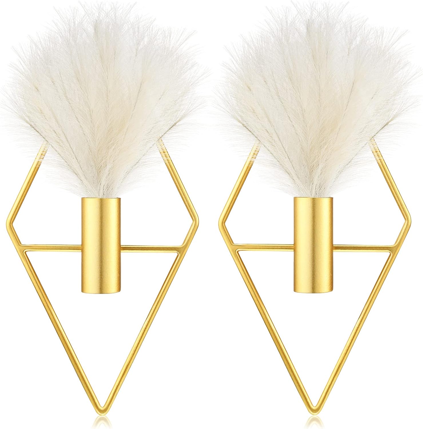 2 Pcs Boho Wall Decor Metal Gold Wall Art Hanging Planters with Artificial Pampas Modern Home Decor Display Art for Living Room Bedroom Bathroom(Rhombus)
