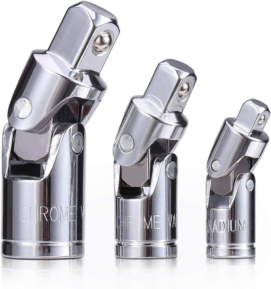 3PCS Universal Joint Socket Set, Chrome Vanadium Steel Swivel Socket Adapter Set, 1/4IN, 3/8IN, 1/2IN Drive Universal Joint Set