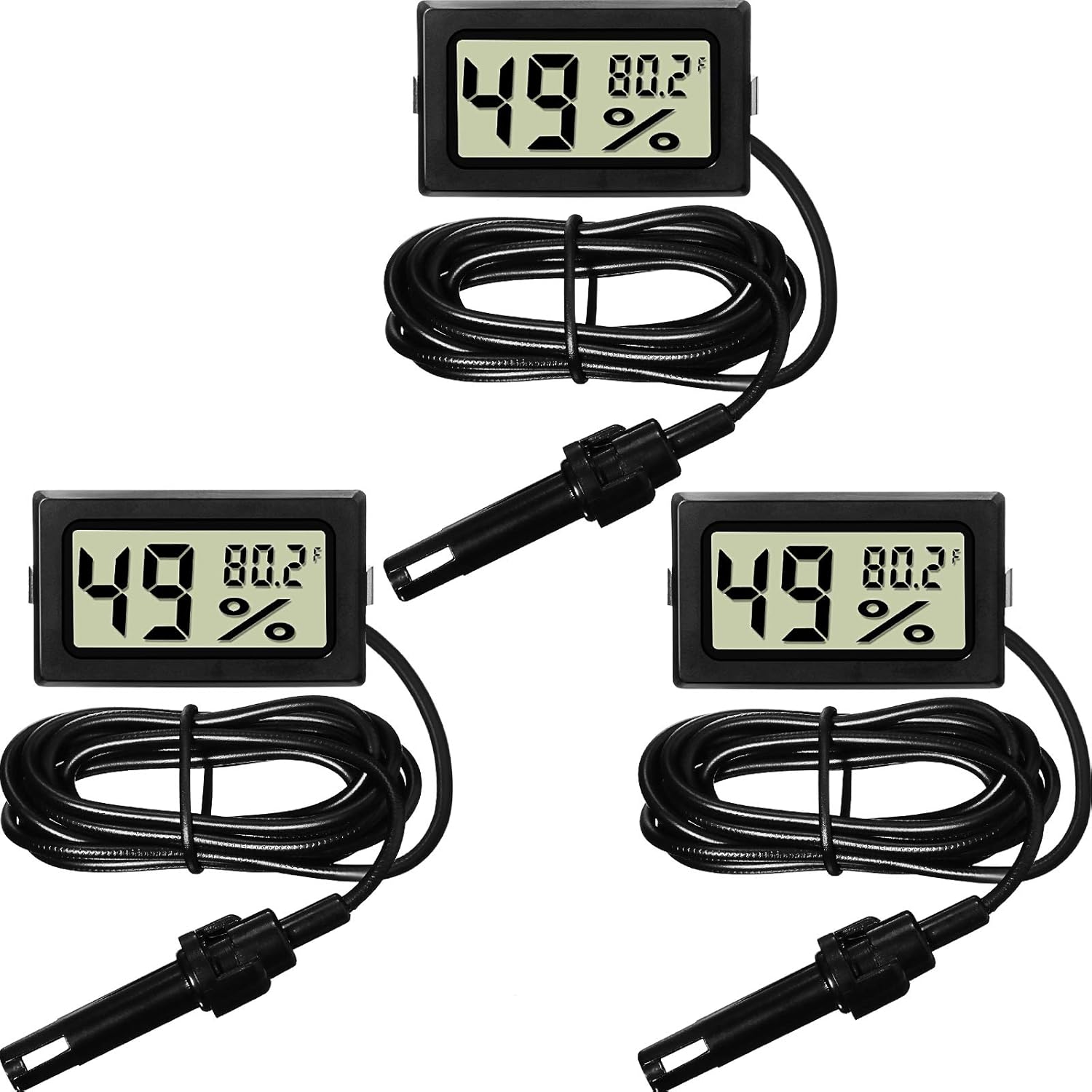 Mini Digital Temperature Humidity Meters Gauge with Probe Gauge LCD Fahrenheit Display Thermometer Hygrometer for Incubator Reptile Plant Greenhouse Chicken Coop Garden(Black, 3 Pieces)
