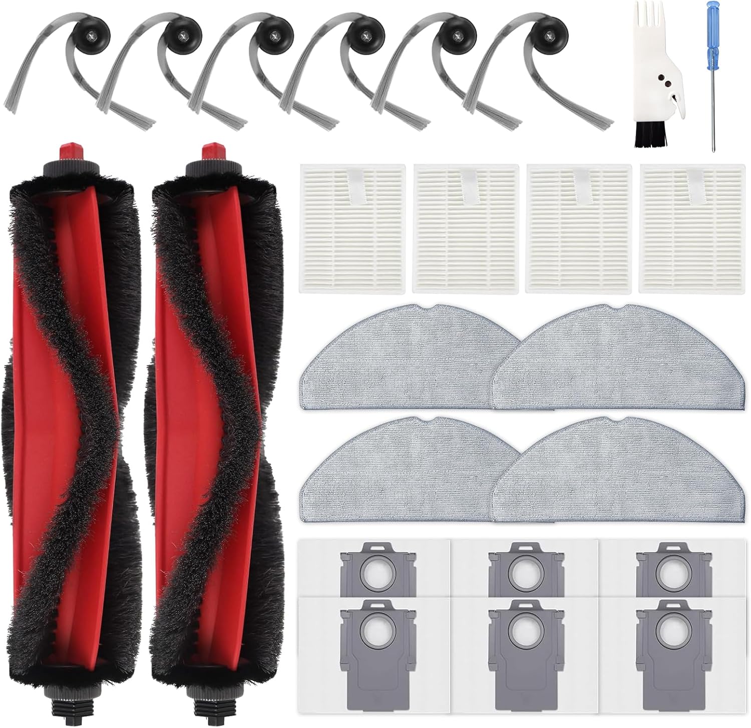 24PCS Replacement Parts Compatible with  Q7 M5+/ Q7 M5/Q7 L5/Q7 L5+, 2 Main Brushes, 6 Side Brushes, 4 HEPA Filters, 4 Mop Pads, 6 Dust Bags, 1 Cleaning Brush,1 Screwdriver Spare Parts
