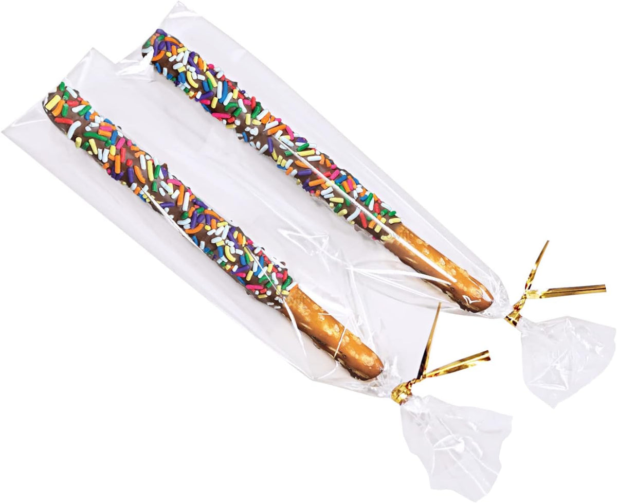 100 CT 2x10 Inch Clear Flat Cellophane Treat Bags with 4” Gold Twist Ties, Cello Packaging for Pretzel Rods, Cookies, Candies and Jewelry Wrappers