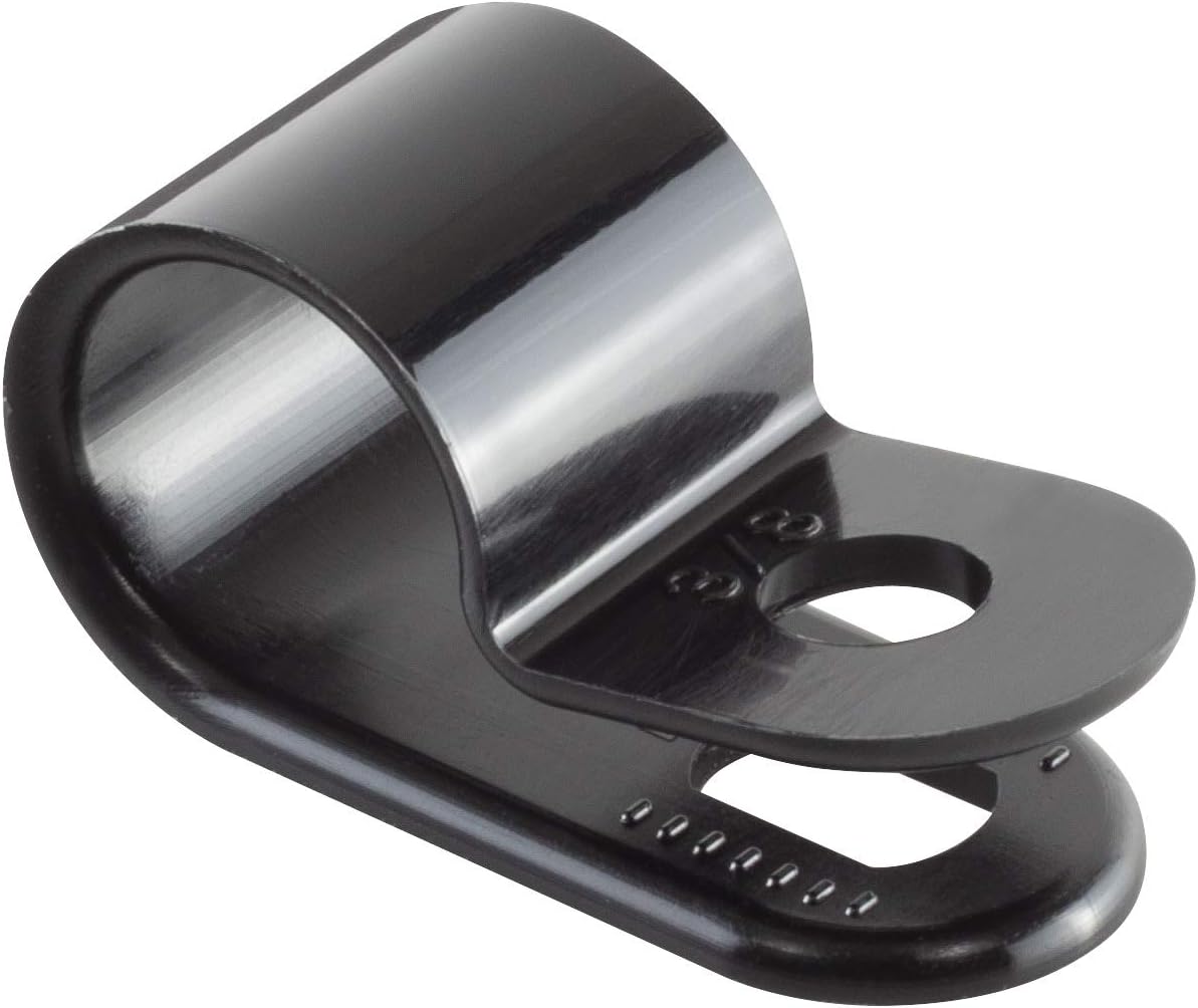 Black Nylon Plastic Cable Clamps, 3/8" Screw Mounts for Cable, Rope, Tube Management, 100 Pack