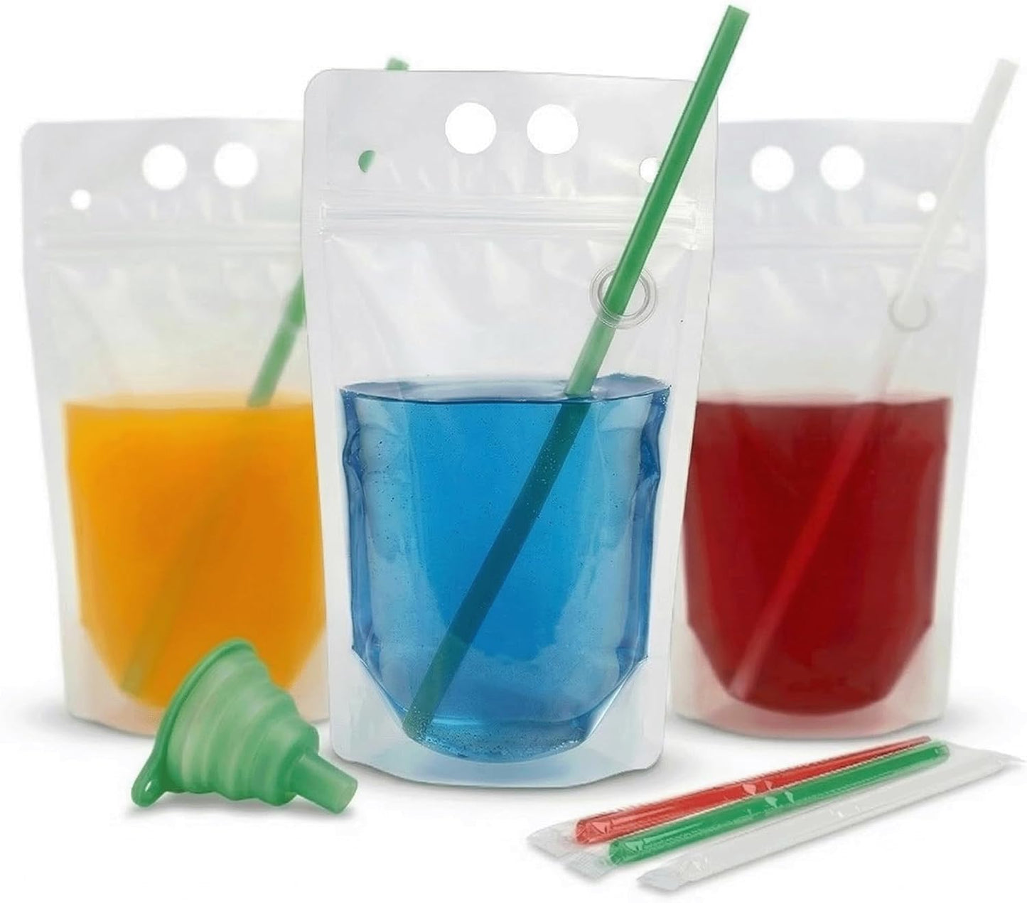 100PCS Drink Pouches with Side Straw Port, Resealable Leak-Resistant Beverage Bags with Straws & Funnel, 17oz Bulk Party Drink Containers for Cocktails, Juice & Slushies