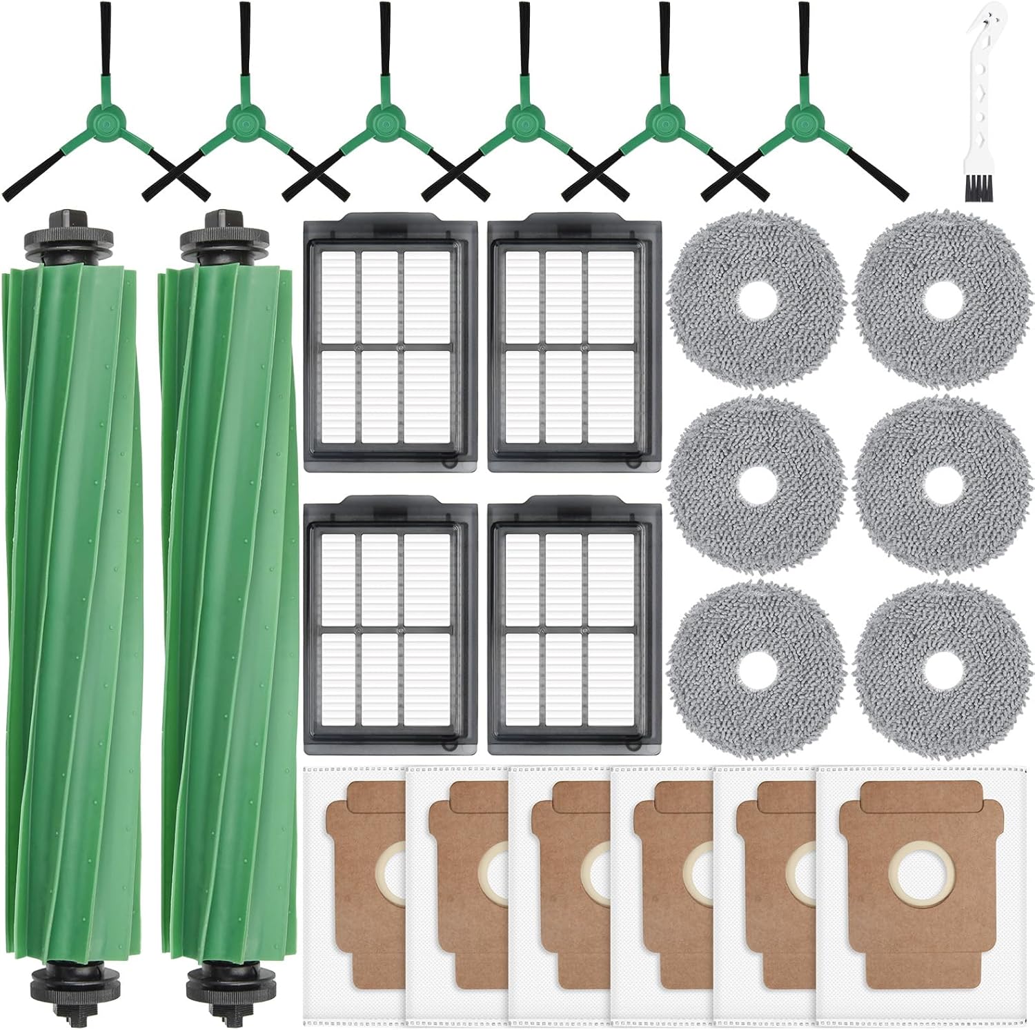 25 Pcs Replacement Parts for iRobot Roomba Plus 405 Combo/505 Combo /507 Combo Robot Vacuum Cleaner, include 2 Main Brushes, 6 Dust Bags, 6 Mop Pads, 4 Filters, 6 Side Brushes and 1 Cleaning Tool
