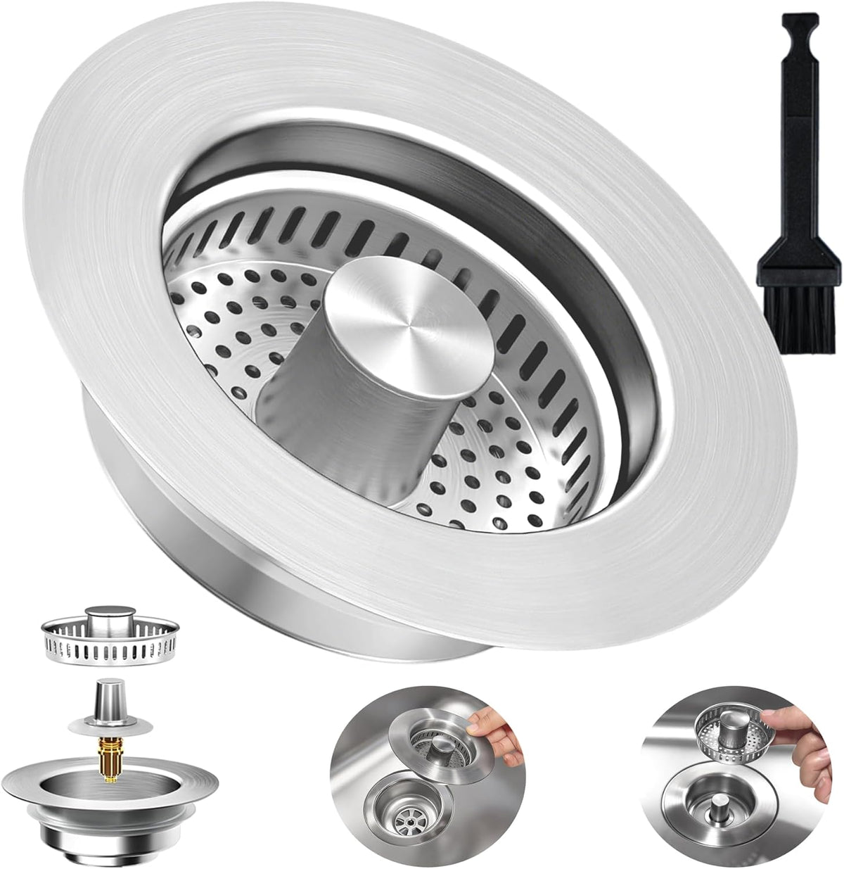 3-in-1 Kitchen Sink Drain Strainer Stopper, Upgraded Stainless Steel Sink Plug with Anti-Clog Filter Basket, Fits Standard 3-1/2 Inch Drain Hole, Pop Up Garbage Disposal Cover Food Catcher