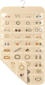 Hanging jewelry organizer with 80 clear pockets and a metal hook.